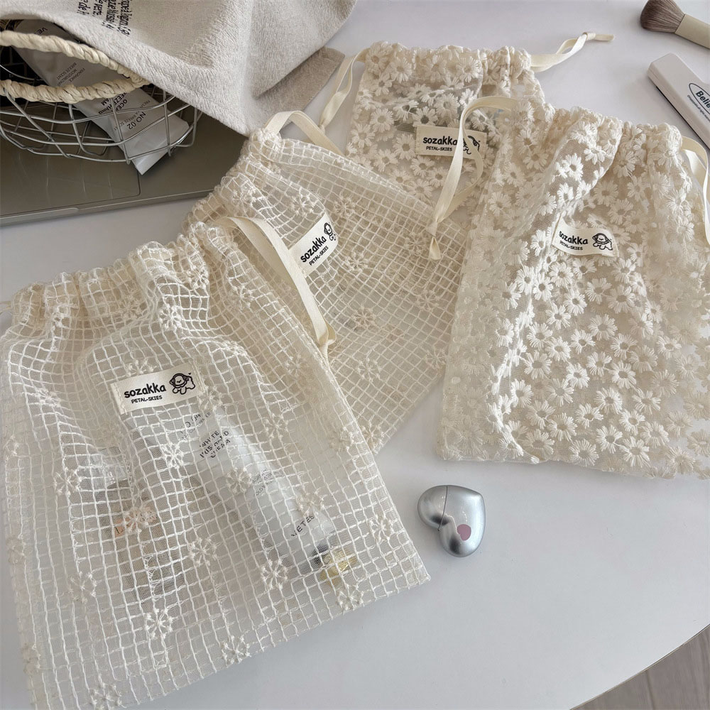 Travel Accessories Must Have - Lace Embroidered Daisy Mesh Drawstring Makeup